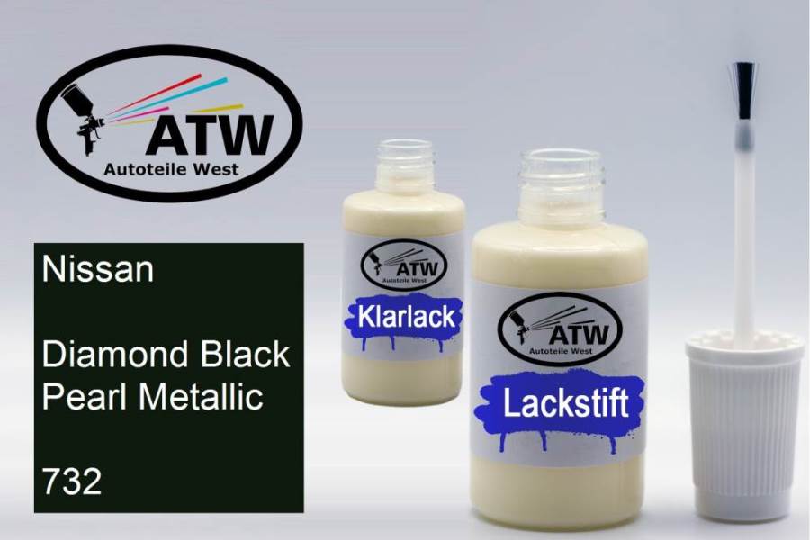 Nissan, Diamond Black Pearl Metallic, 732: 20ml Lackstift + 20ml Klarlack - Set, von ATW Autoteile West.